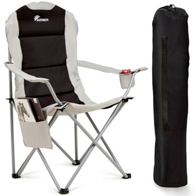 SUNMER Padded Camping Chair with Cup Holder and Side Pockets - Black & Grey