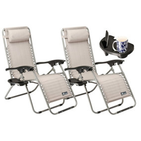 SUNMER Reclining Sun Lounger Garden Chair Recliner With Cup Holder - Grey - Set of 2