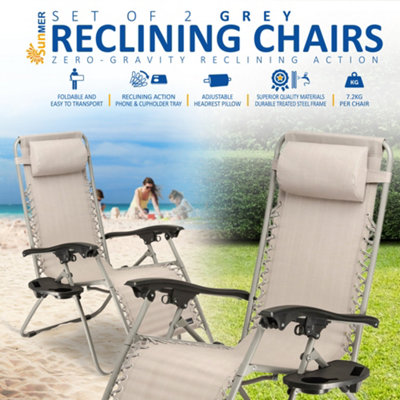 SUNMER Reclining Sun Lounger Garden Chair Recliner With Cup Holder - Grey - Set of 2
