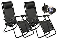 SUNMER Reclining Sun Lounger Garden Chair With Cup Holder - Black - Set of 2
