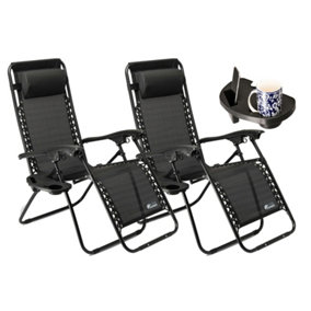 SUNMER Reclining Sun Lounger Garden Chair With Cup Holder - Black - Set of 2