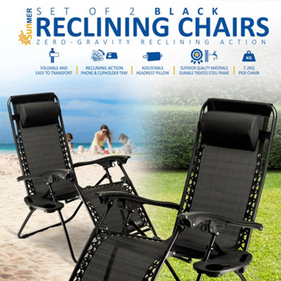 SUNMER Reclining Sun Lounger Garden Chair With Cup Holder - Black - Set of 2