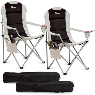 SUNMER Set of 2 Padded Camping Chairs with Cup Holder and Side Pockets - Black & Grey