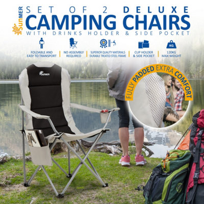SUNMER Set of 2 Padded Camping Chairs with Cup Holder and Side Pockets - Black & Grey