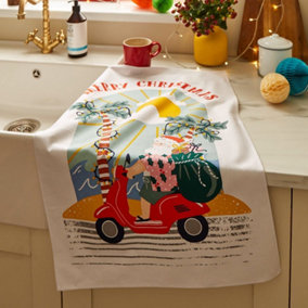 Sunny Santa Festive Graphic Print 100% Cotton Tea Towel