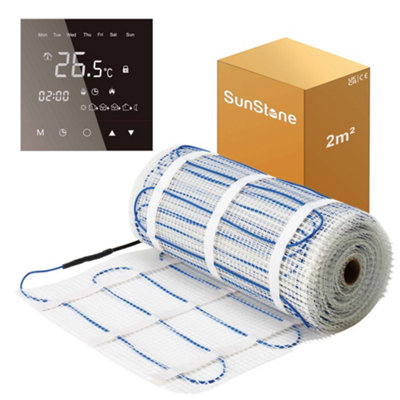 Sunstone 2m² Electric Underfloor Heating PVC Sticky Mat with Black ...
