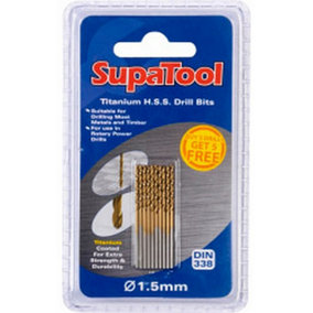 SupaTool Titanium Coated HSS Drill Bits (Pack of 10) Gold (1.5 x 40mm)