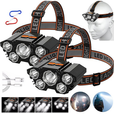 Super Bright Head Torch Waterproof LED Headlight USB Rechargeable with ...