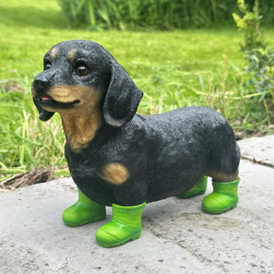 Super-cute Dachshund in bright Green Wellington Boots ornament, great novelty Sausage Dog lover gift