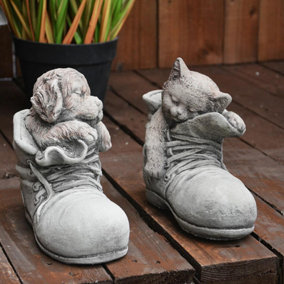 Super cute Pair of Stone cast Cat and Dog in Shoes