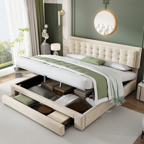 Super King Size Bed-6ft(180x200cm), Velvet Fabric, Large Storage Space, With Slats and Headboard, Without Mattress, Cream