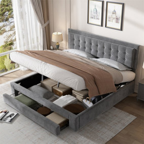Super King Size Bed-6ft(180x200cm), Velvet Fabric, Large Storage Space, With Slats and Headboard, Without Mattress, Grey