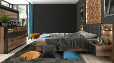 Super King Size Bed Luxury Euro Frame with Bedsides Cabinet LED Lights & Sideboard Oak Black Bedroom Furniture Kassel