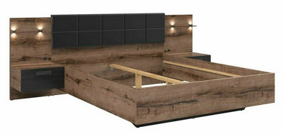 Super King Size Bed Luxury Euro Frame with Bedsides Cabinet LED Lights & Sideboard Oak Black Bedroom Furniture Kassel