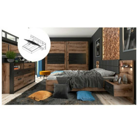 Super King Size Bedroom Furniture Set Luxury Storage Bed Sliding Wardrobe Bedside Units Oak Black USB Charger LED Light Kassel