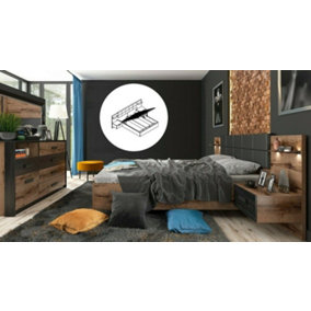 Super King Size Storage Bed Luxury Euro Ottoman Frame with Bedsides Cabinet LEDs & Sideboard Oak Black  Kassel