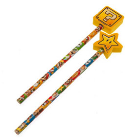 Super Mario Pencil With Eraser Set (Pack of 2) Multicoloured (One Size)