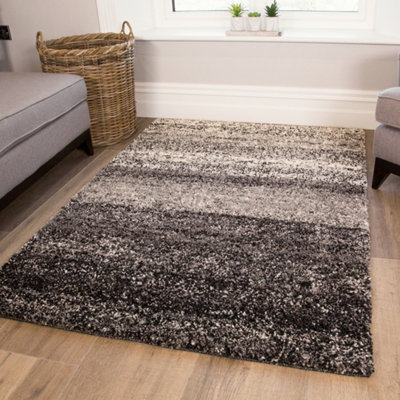 Super Soft Black Grey Mottled Striped Shaggy Area Rug 120x170cm