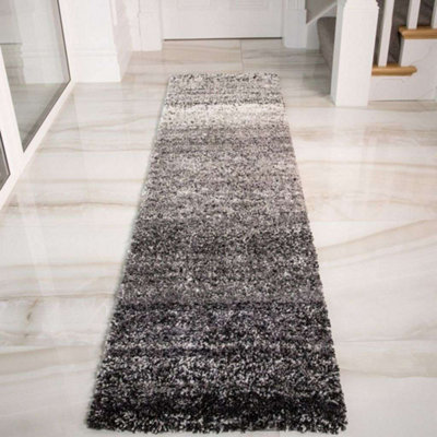 Super Soft Black Grey Mottled Striped Shaggy Runner Rug 60x240cm