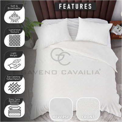 Super Soft Diamond Double Duvet Set With Pillowcases, Warm & Cosy Geometric Comforter Cover,Reversible Plain Duvet Cover Set White