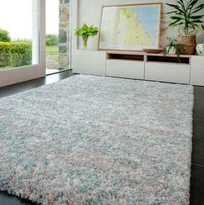 Super Soft Mottled Teal Blue & Blush Pink Shaggy Area Rug 60x110cm