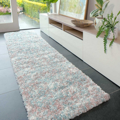 Super Soft Mottled Teal Blue & Blush Pink Shaggy Runner Rug 60x240cm