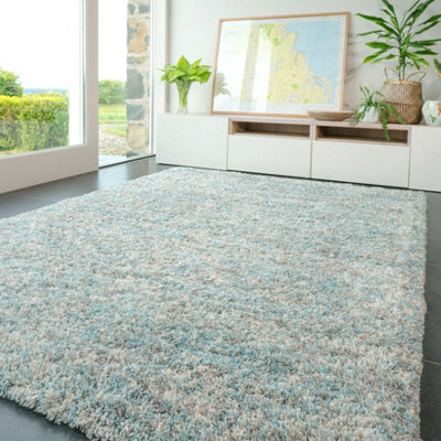 Super Soft Mottled Tonal Duck Egg & Grey Shaggy Area Rug 60x110cm