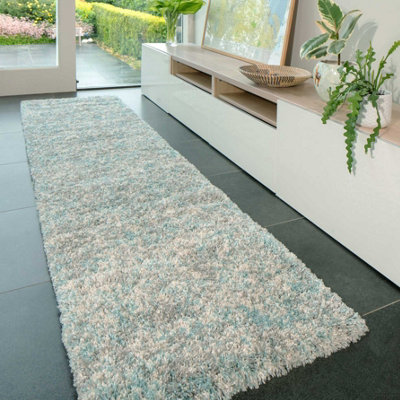 Super Soft Mottled Tonal Duck Egg & Grey Shaggy Runner Rug 60x240cm