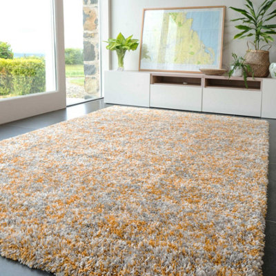 Super Soft Mottled Tonal Ochre Yellow & Grey Shaggy Area Rug 200x290cm