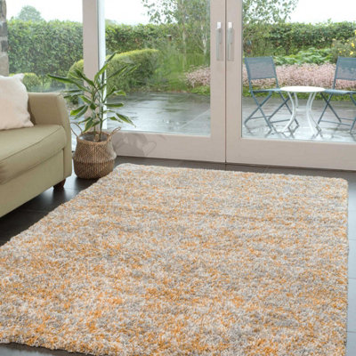 Super Soft Mottled Tonal Ochre Yellow & Grey Shaggy Area Rug 80x150cm