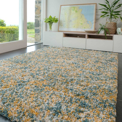 Super Soft Mottled Tonal Teal Blue & Ochre Shaggy Area Rug 120x170cm