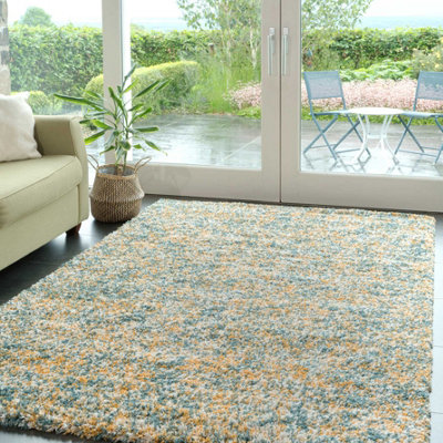 Super Soft Mottled Tonal Teal Blue & Ochre Shaggy Area Rug 200x290cm