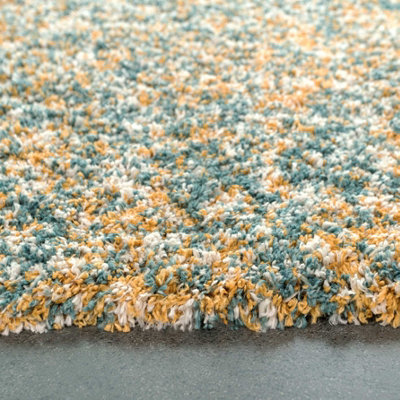 Super Soft Mottled Tonal Teal Blue & Ochre Shaggy Area Rug 200x290cm