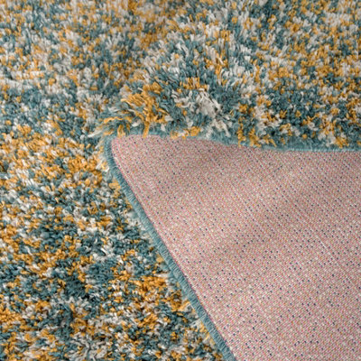 Super Soft Mottled Tonal Teal Blue & Ochre Shaggy Area Rug 200x290cm