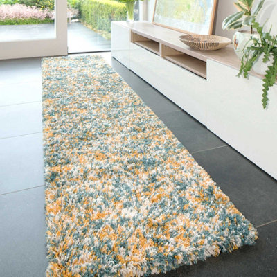 Super Soft Mottled Tonal Teal Blue & Ochre Shaggy Runner Rug 60x240cm