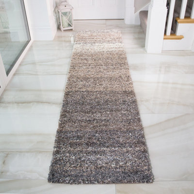 Super Soft Natural Beige Brown Mottled Striped Shaggy Runner Rug 60x240cm