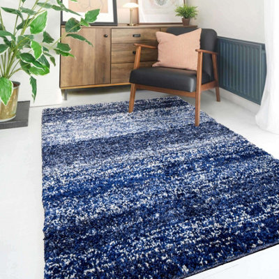 Super Soft Navy Blue Mottled Striped Shaggy Area Rug 160x230cm