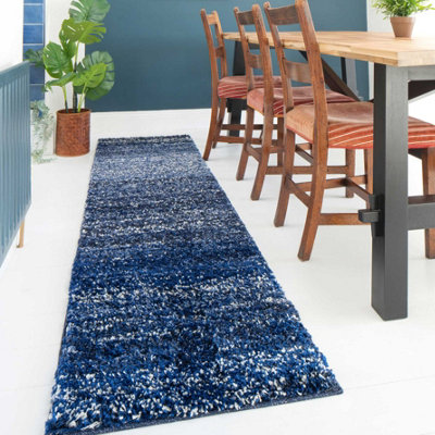 Super Soft Navy Blue Mottled Striped Shaggy Runner Rug 60x240cm