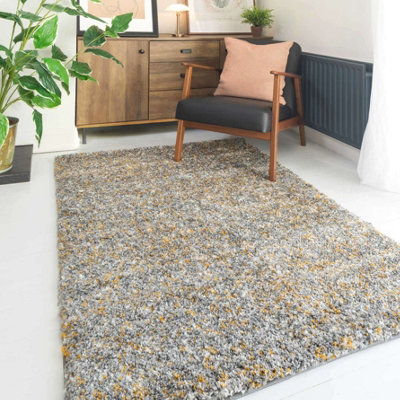 Super Soft Ochre Yellow Grey Mottled Shaggy Area Rug 120x170cm