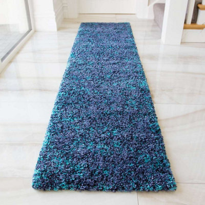 Super Soft Teal Blue Mottled Shaggy Runner Rug 60x240cm DIY at B&Q