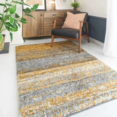 Super Soft Yellow Grey Mottled Striped Shaggy Area Rug 120x170cm