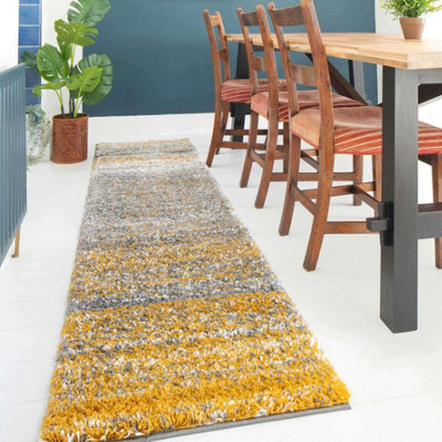 Super Soft Yellow Grey Mottled Striped Shaggy Runner Rug 60x240cm