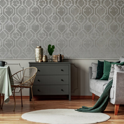 Superfresco Armature Geometric Grey / Silver Wallpaper DIY at B&Q
