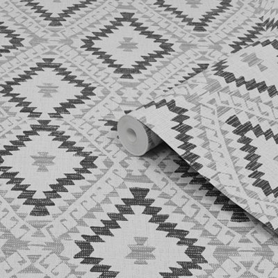 Superfresco Aztec Geometric Grey / Black Wallpaper