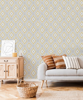 Superfresco Aztec Geometric Grey / Ochre Wallpaper