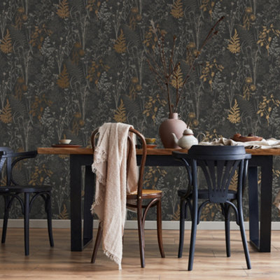 Superfresco Easy Black & Copper Metallic Floral Wallpaper