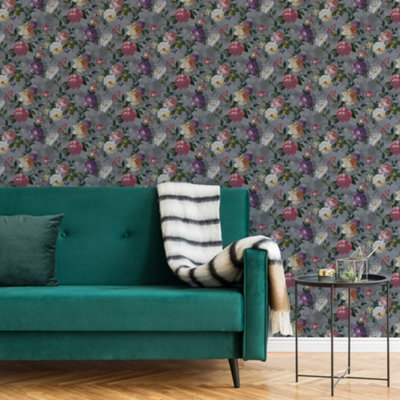 Superfresco Easy Isabelle Floral Grey Wallpaper DIY at B&Q