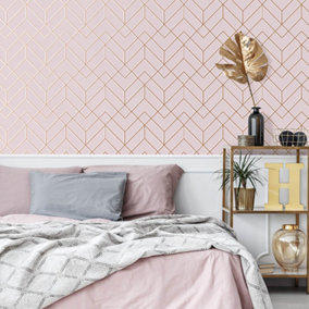 Superfresco Easy Losanges Filaires Geometric Pink Metallic Wallpaper