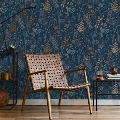 Superfresco Easy Navy & Copper Metallic Floral Wallpaper