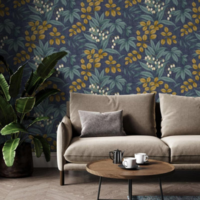 Superfresco Easy Persephone Navy/Ochre Leaves Wallpaper | DIY at B&Q